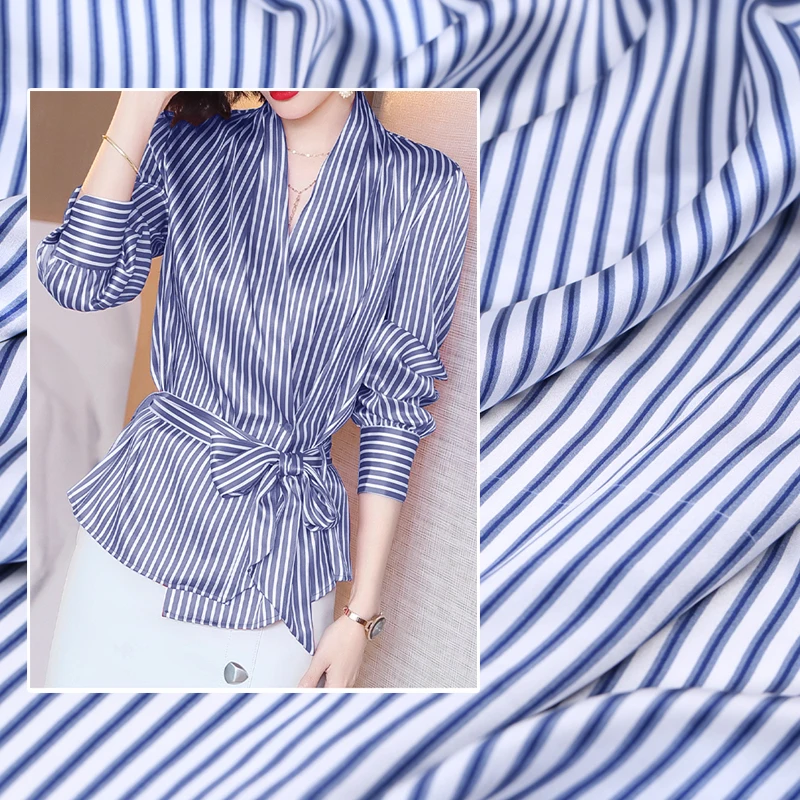 108*80 см 19 мм 93% шелк и 7% спандекс синяя полоска принт стрейч шелковая атласная ткань для платья Cheongsam рубашка куртка B222