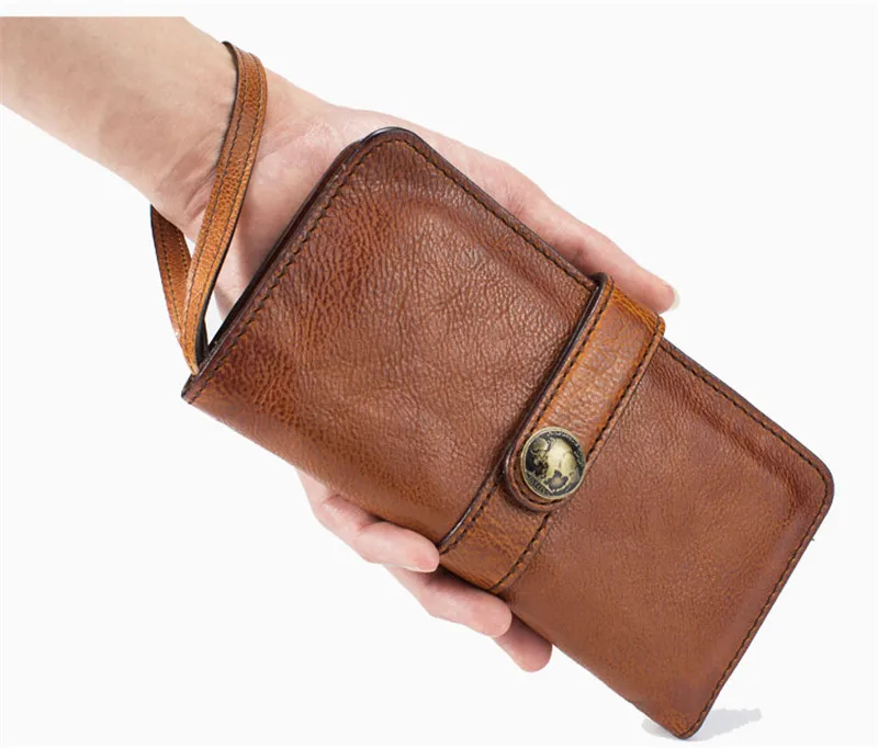 PNDME designer long vintage genuine leather hasp men's women's clutch wallet casual teens luxury cowhide brown card holder purse - Цвет: Brown