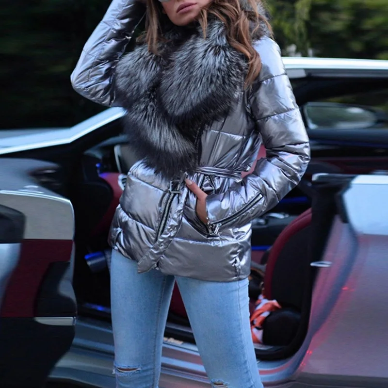 

2019 Cross Border Amazon Ebey AliExpress Hot Selling Occident Fashion Bright Skin Slim Fit Slimming Large Fur Collar Cotton-padd