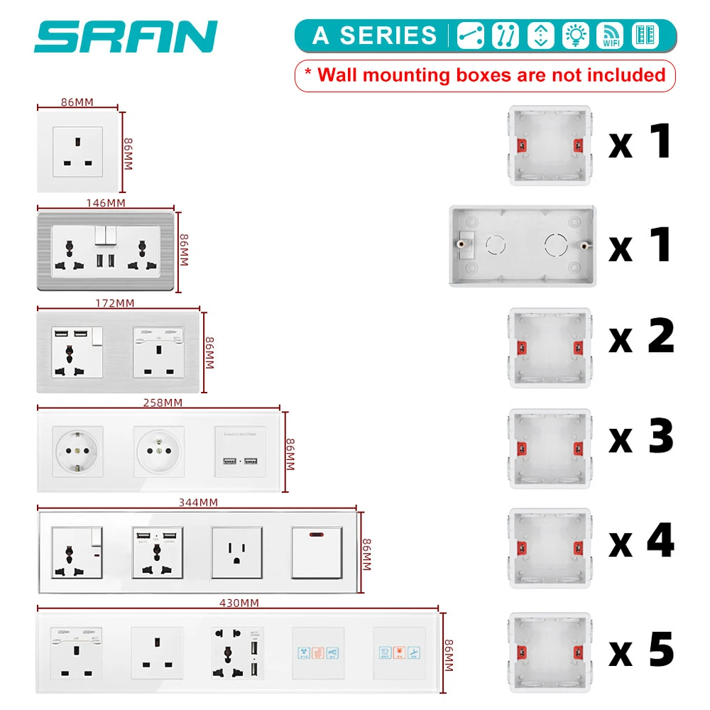 SRAN A1 시리즈 검정색 PC 패널 벽 스위치 EU 프랑스어 전원 소켓 USB 초인종 TV RJ45 모듈 DIY, 86 평방 상자에 적합