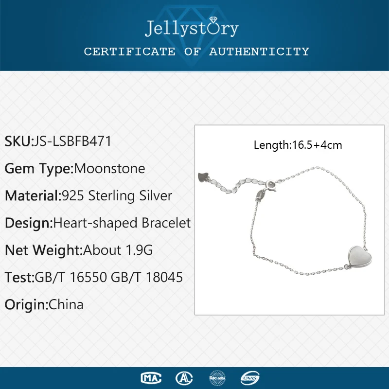Jellystory модные 925 пробы серебряные женские браслеты с лунными камнями в форме сердца ювелирные изделия с драгоценными камнями свадебные подарки