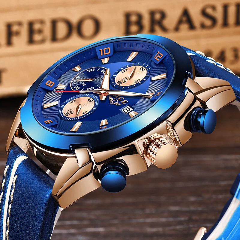 Mens Watches Top Brand Luxury LIGE New Fashion Waterproof Sport Quartz Watch Men Blue Leather Chronograph Relogio Masculino