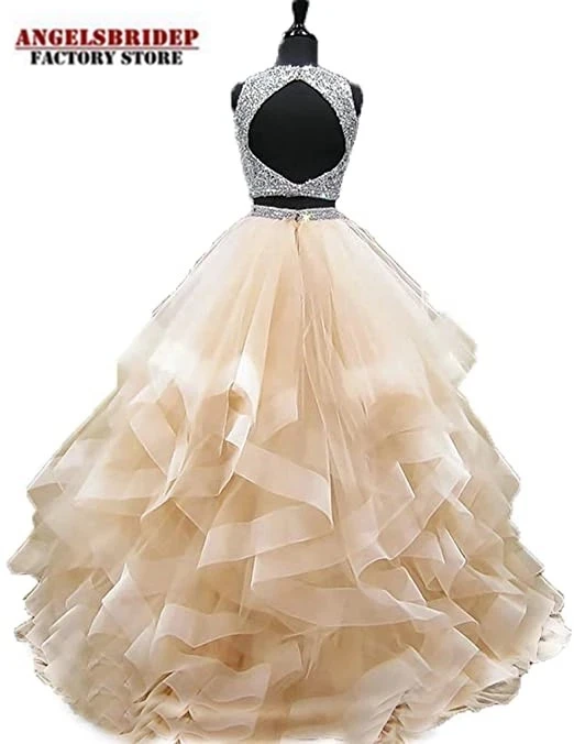 

ANGELSBRIDEP 2 Pieces Ball Gown Quinceanera Dresses Sexy Hollow Back Sparkly Beaded Crystals Sweet 16 Princess Birthday Gowns