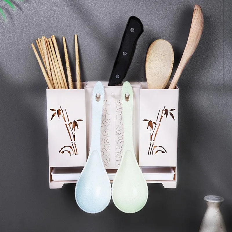 Wall mounted Chopsticks Storage Box Knife Holder Kitchen Spoon Chopsticks Drain Cage Plastic