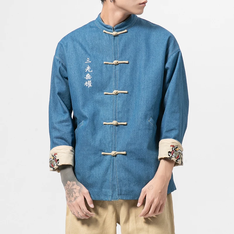 

BONJEAN Chinese style Kirin embroidery Chinese vertical collar jeans jacket men's Japanese style designer clothes mens jackets