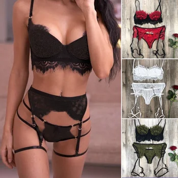 

Women Sexy Lingerie Lace Babydoll Open Bra Set G-String Underwear Nightwear Stitching Gothic Garter Jarretelle Lenceria Harness