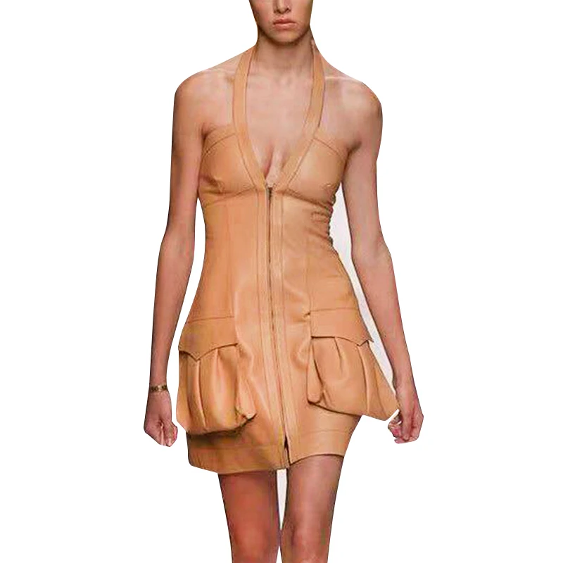 TWOTWINSTYLE Платье из искусственной кожи для женщин с лямкой на шее без рукавов с карманами и высокой посадкой мини-платья Женская одежда модная новинка