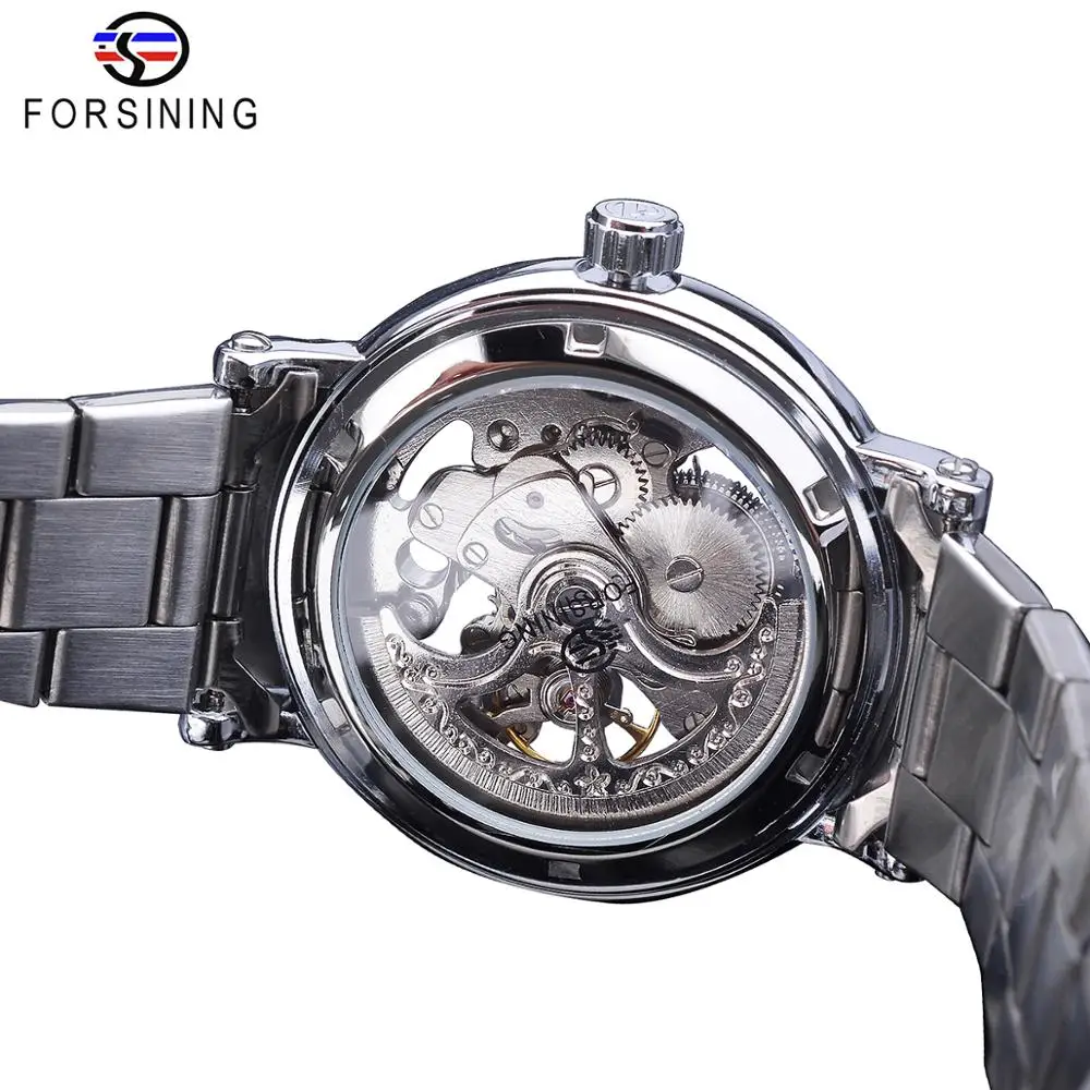 Forsining Men Skeleton Dial Transparent Automatic Watch Roman Numerals Silver Waterproof Stainless Steel Sport Mechanical Watch