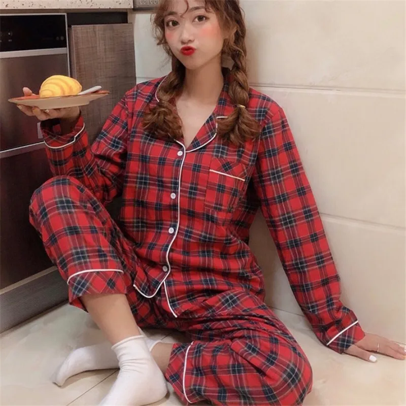 

Women pajama sets pyjama Plaid cotton Long Sleeve pijamas for women Homewear spring autumn winter Loose sleepwear nightwear