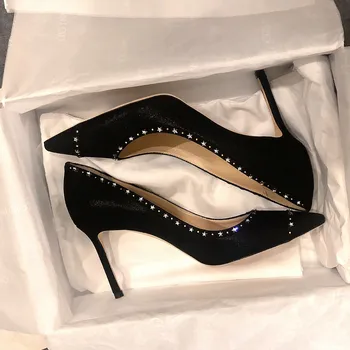 

Stars rhinestone round head shining fashion women's leather black sexy banquet stiletto heels 2020 new