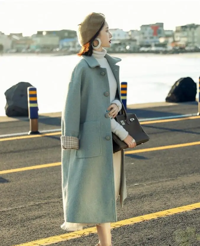 Kpop элегантное шерстяное пальто женское Смешанное пальто шерстяное зимнее длинное пальто Женская Корейская тонкая шерстяная куртка