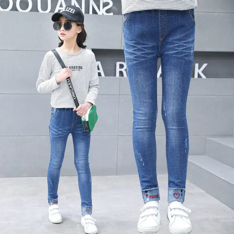 

2019 Spring Autumn Jeans Girls Skinny Trousers Embroider Red Love Letter Print Girls Pants Children Leggings Pantalon Long Pants