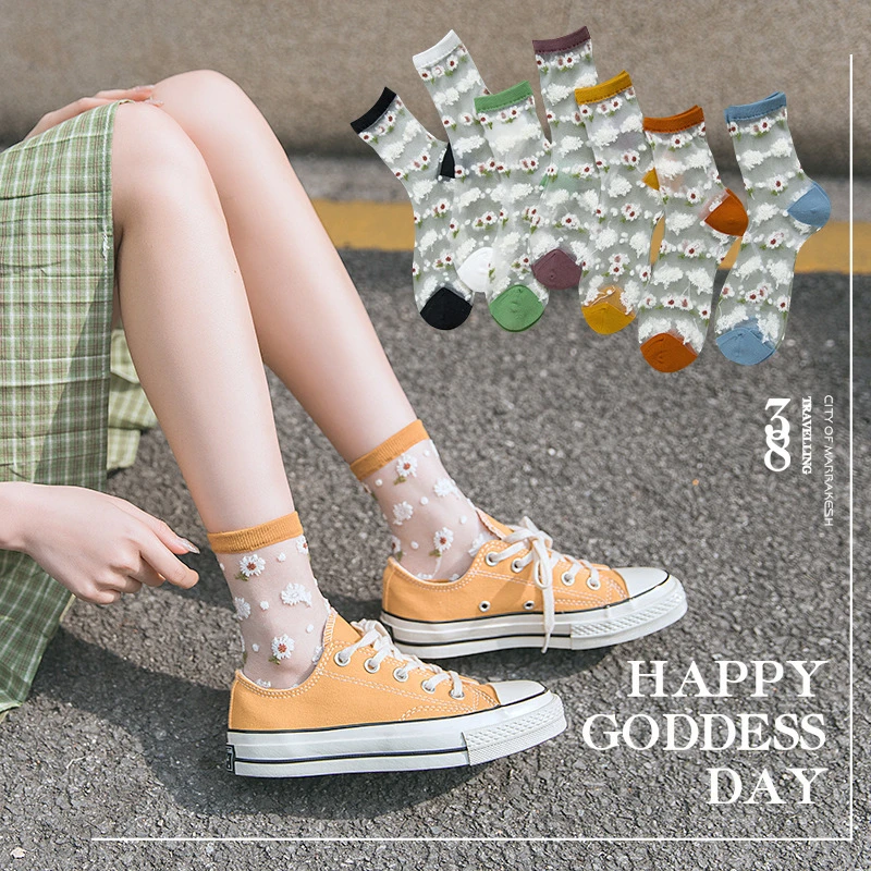 Colorful Daisy Ultra Sheer Floral Socks Women Best Lace Ruffle Cozy Elastic Mesh Frill Trim Transparent White Ankle | Женская одежда