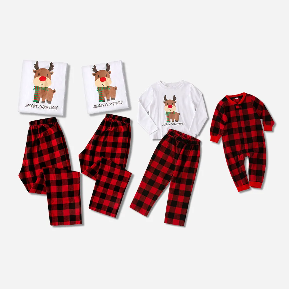 

PatPat Reindeer Print Long-sleeve Top Plaid Pants Lounge Set for Family Matching Spring Autumn Winter Round Neck