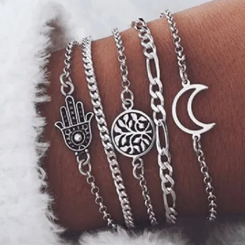 

Women Fashion Boho Ethnic bracelet hand moon Pearl Moon Shape Charm Bracelets Sets Lovers Gift Luxury Bohemian Style Female