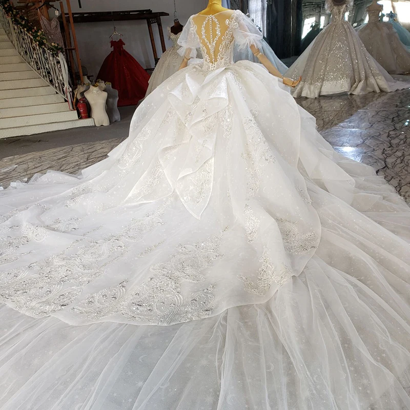 HTL2308 Beading White Wedding Dress Boho Sequined Pleat Tulle Dress Appliques Wedding Dress With Sleeves robe mariée princesse 2