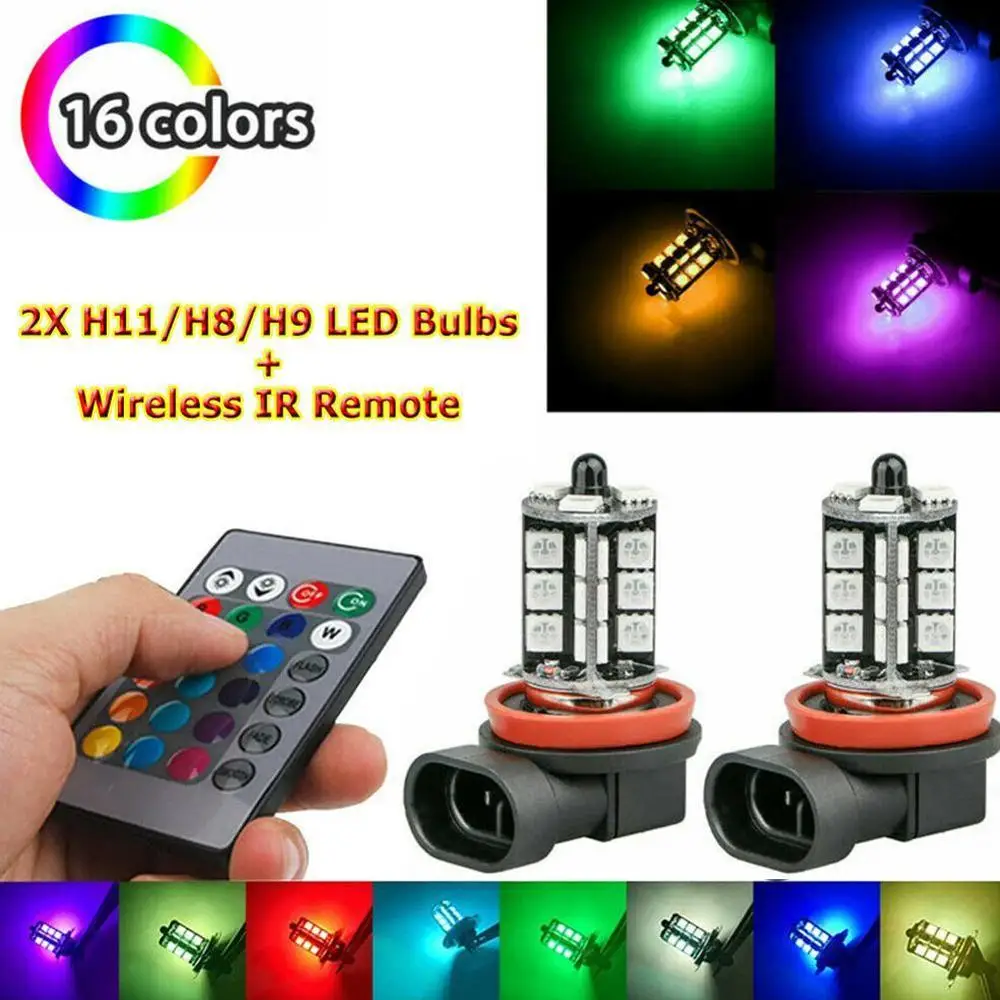 2 pces 12v 27smd 5050 multi-color rgb led luzes de nevoeiro condução lâmpadas remoto (para não incluir a bateria) 9005 9006 h7 h8 h11 7440 1156 27rgb