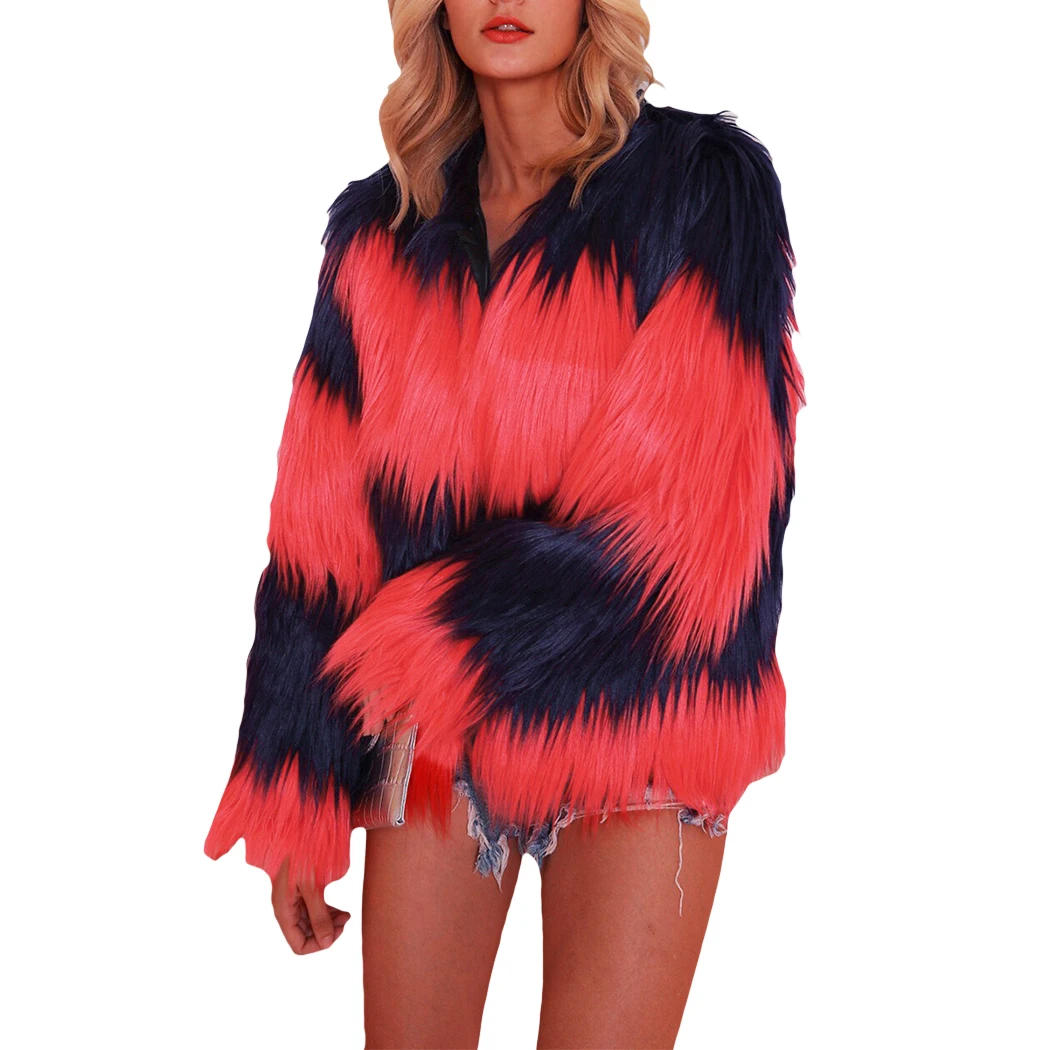 

Plus Size Contrast Color Long Fake Fur Jackets Nice Winter Faux Fur Coat Fluffy Warm Jacket Female Shaggy Outwear Coats Femme