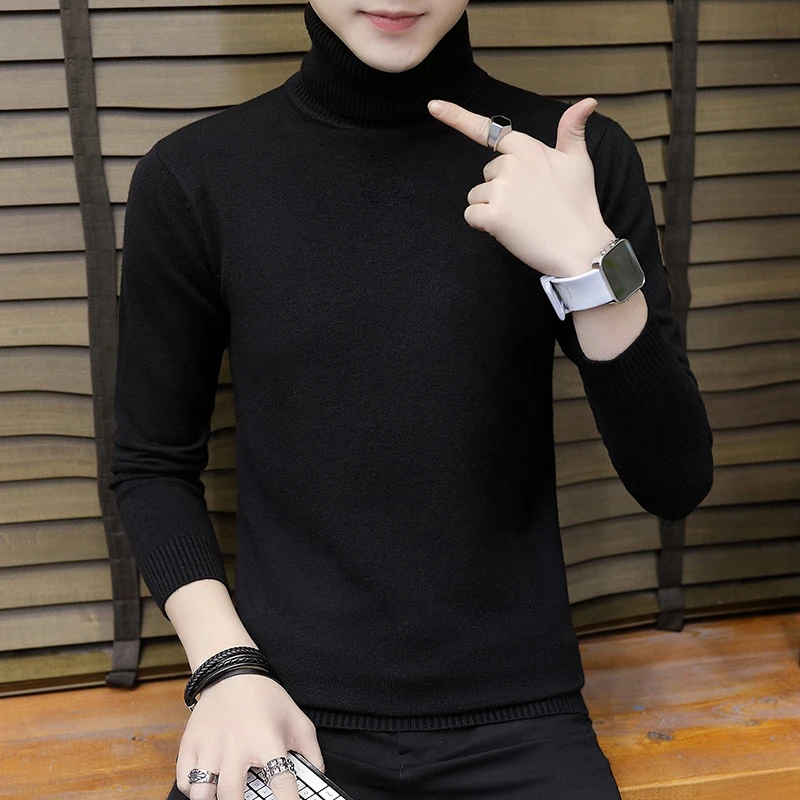 Men Turtleneck Sweater Autumn Winter Solid Color Casual Sweater Men's Slim Fit Knitted Pullovers Bottoming Jumper