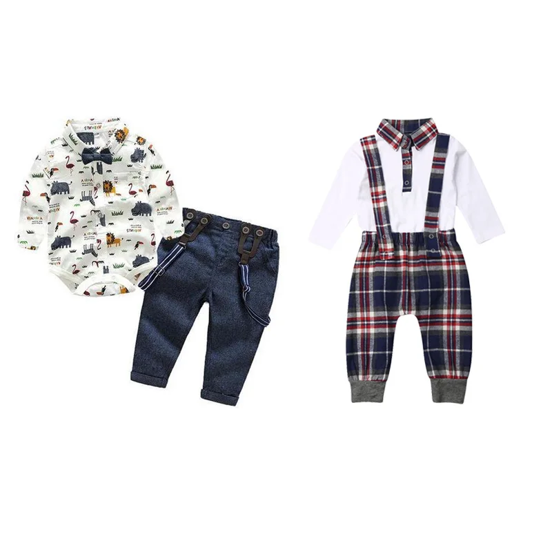 

Newborn Baby Boy Gentlemen Round Neck Long Sleeve Shirt + Plaid Strap Trousers Clothes Set Party Wedding Costume 0-24M
