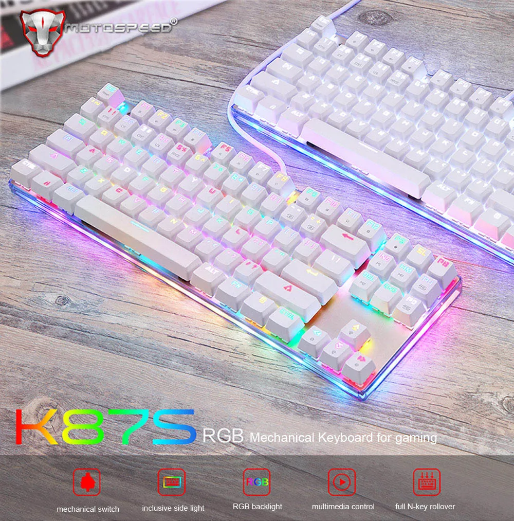 Motospeed K87S ABS USB2.0 Wired Mechanical Keyboard with RGB Backlight Blue Switch for Computer Gaming and Tying White 1.8mCable