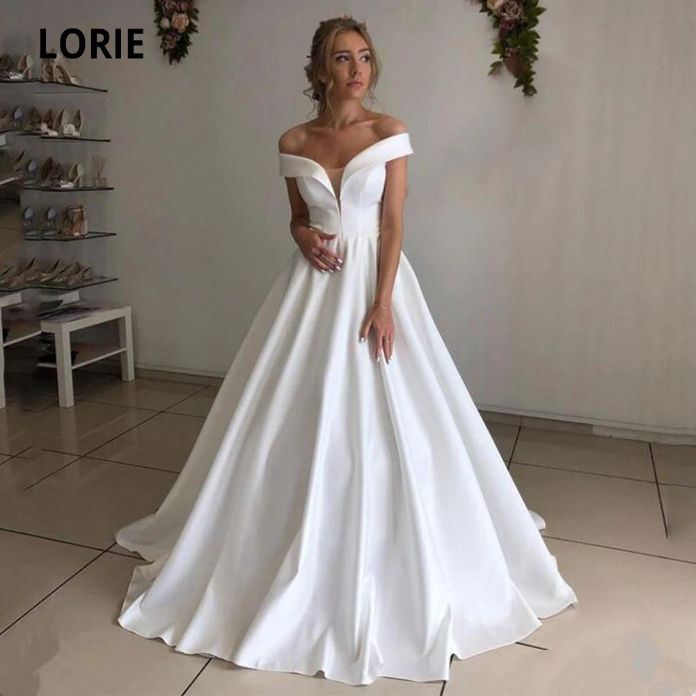 

LORIE Off the Shoulder V-neck Satin Wedding Dresses 2020 White ivory Back Lacing Bridal Gowns A-line Beach Princess Party Gowns