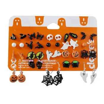 

20 Pairs Creative Halloween Women Earrings Bat Pumpkin Web Ghost Cross Jewelry Pendant Lamp Spider Stud Earrings Skeleton