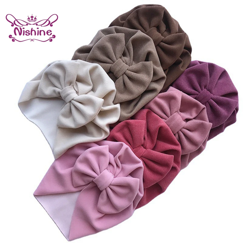 Nishine High Quality Imitation Cashmere Baby Girls Hats Solid Color Handmade Bowknot Caps Infant Bows Headwear Kid Birthday Gift |