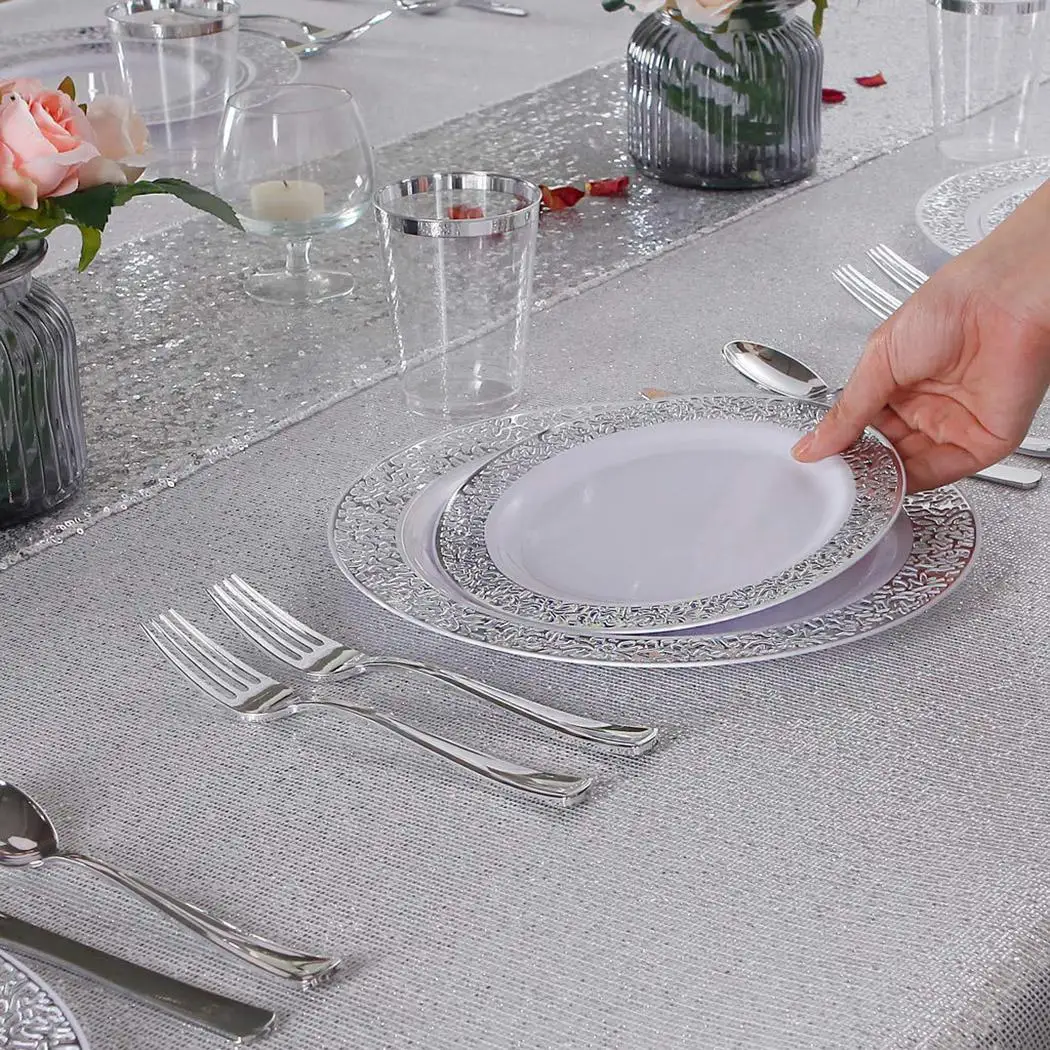 Прочные полые одноразовые тарелки для свадебной вечеринки, 3 шт., столовые приборы, золото, розовое золото, серебро, 6 шт., вечерние принадлежности