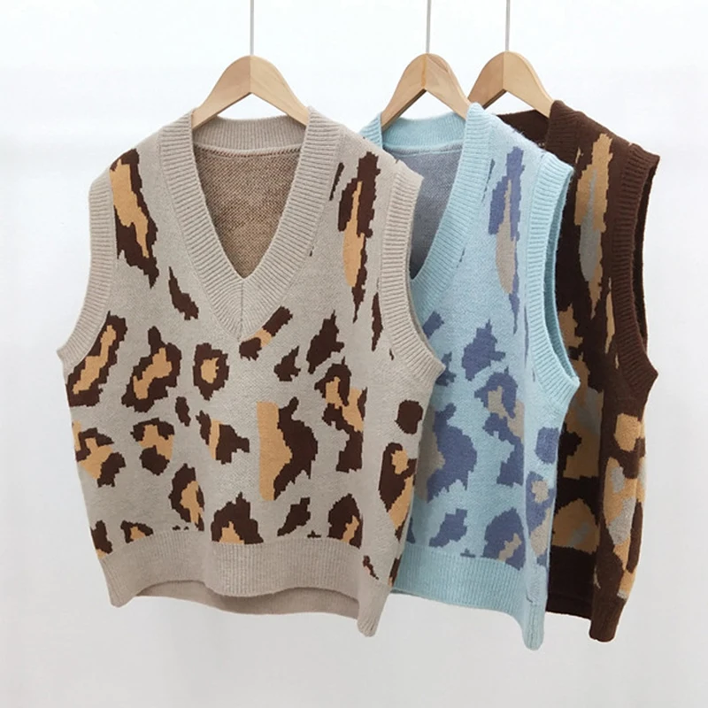 

Paris Girl 2020 Autumn V-neck Knitted Vest Loose Personality Leopard Jacquard Vintage Women's Sleeveless Tank Tops Pullover