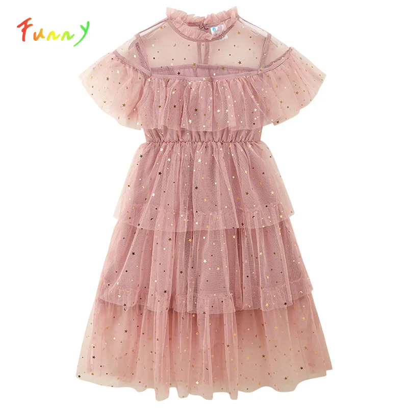 

Summer 2024 Girls Dress Stars Sequin Mesh Princess Layered Dress for Kids Girl Tulle Party Dresses Children Clothing