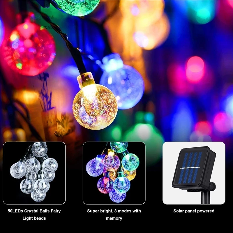 새로운 50 LEDS 10M 크리스탈 볼 태양광 램프 파워 LED 스트링 페어리 라이트 태양광 가랜드 정원 크리스마스 장식 야외용 다채로운 조명