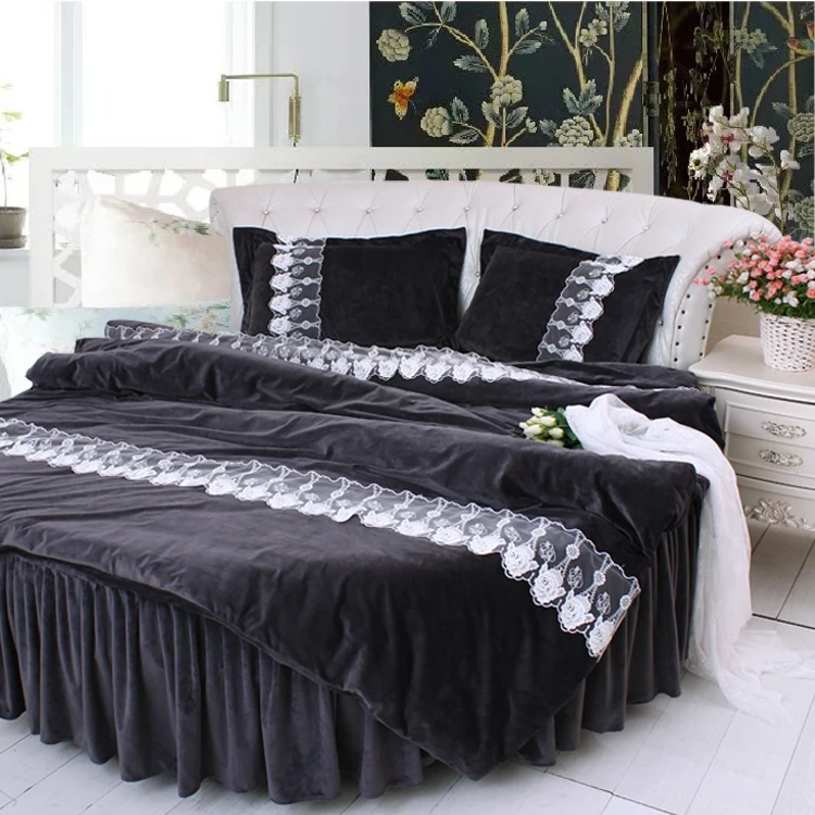 Round Bed Black LACE Velvet Luxury Bedding Sets King Queen Size Soft