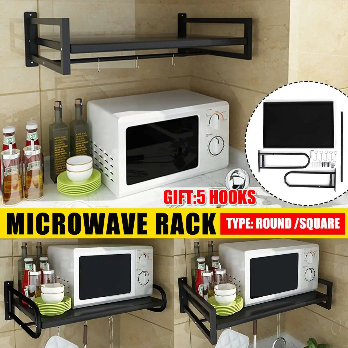 Microwave Oven Rack with hooks Kitchen Counter Space aluminum Wall Bracket Shelf 