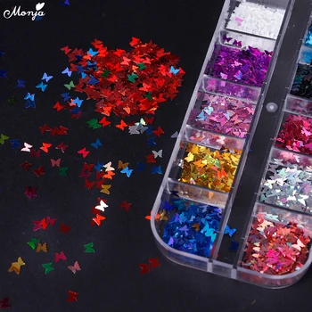 

Monja 12 Grids/Box Mixed Color Butterfly Shape Nail Art Glitter Flake Natural Sequins DIY Decal Decorations 3D Nail Accessories