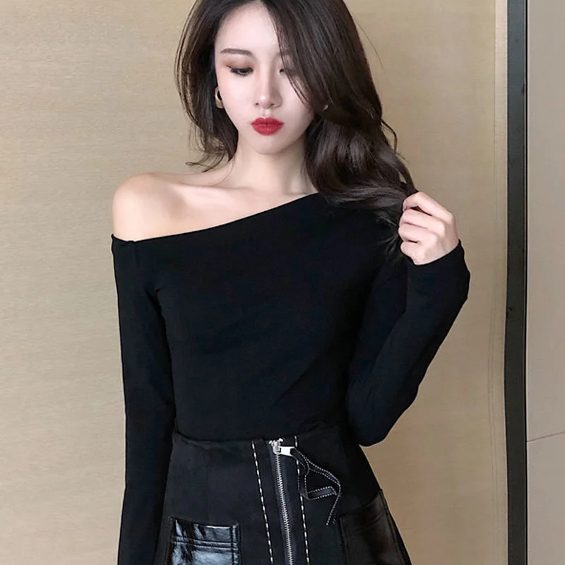 

Off Shoulder One Line Collar Bottoming T Shirt Woman Tshirts Women Long Sleeve T-shirt White Off Collarbone Oblique Shoulder