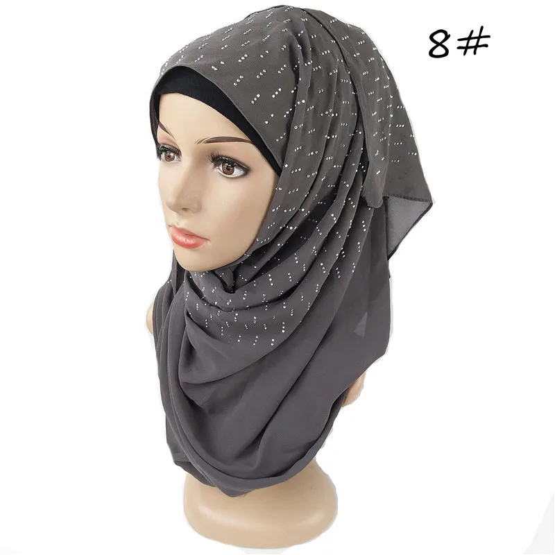 180*75 см сплошной шифоновый мусульманский хиджаб, платок с бриллиантами, платок для женщин musulman тюрбан шаль-трансформер, малайзийский женский хиджаб шарф - Цвет: 8