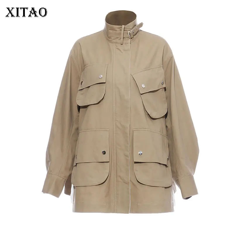 XITAO Tide/Женская куртка цвета хаки с карманами, большие размеры, край, плотная, свободная, обработанная куртка, топ на осень и зиму, WLD2963