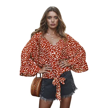 

2020 Spring Summer Polka Dot Print Blouse Women Tunic Tops V Neck Long Sleeve Blouse Shirt Button Knot Casual Shirt Top female