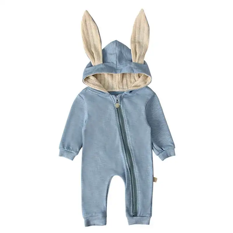 Осенний комбинезон для новорожденных мальчиков и девочек, одежда из полиэстера с кроличьими ушками, детская зимняя теплая верхняя одежда, пижама с капюшоном