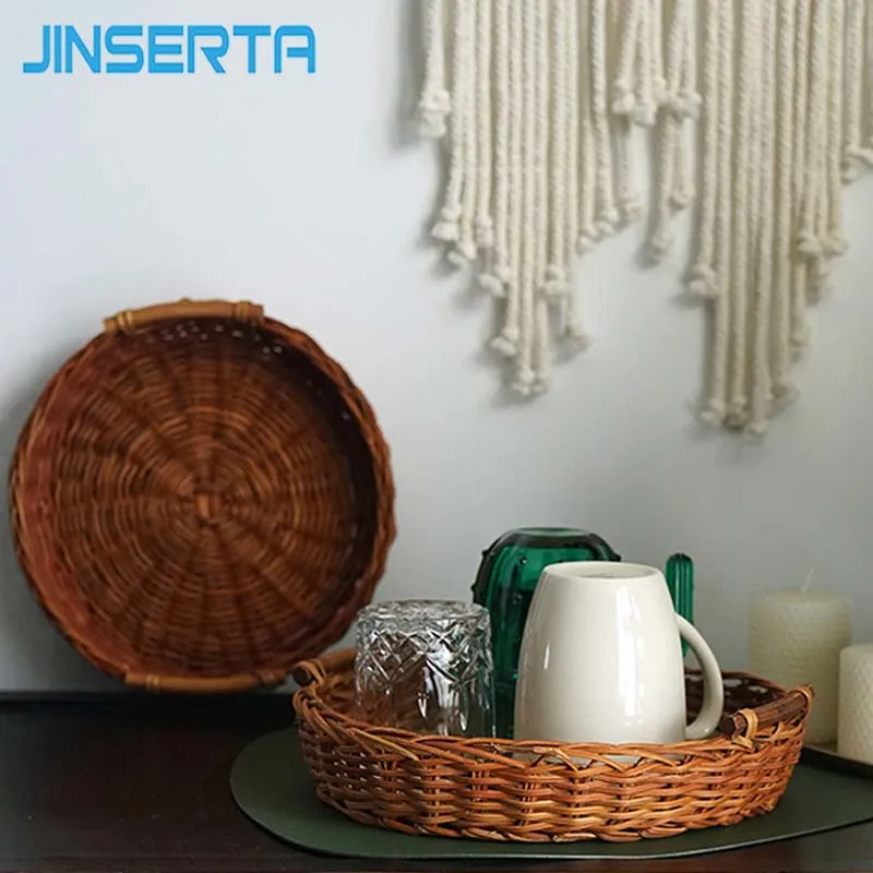 

JINSERTA Rattan Storage Basket Antique Handcrafted Dessert Cake Bread Fruit Basket with Handle Tea Coffee Milk Serving Tray