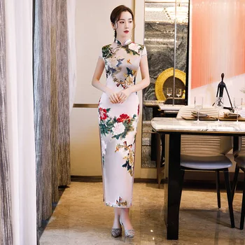 

Chinese Traditional Silk Dress Cheongsam Long Handmade Button Qipao Vestido Oriental Party Dresses Oversize 4XL