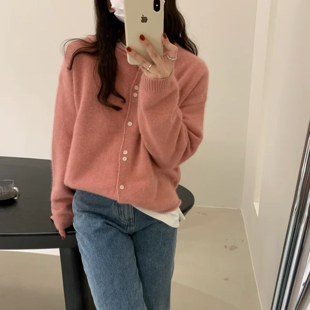 Fall 2021 Women Clothing Oversize Womens Sweaters Autumn Vintage Loose Winter Sweater Knitted Women Cardigan Knit Button Maxi Pink