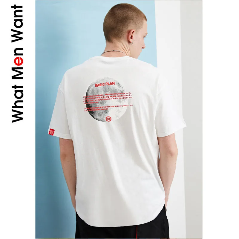 

IVRESSE Moon Letter Print Basic T-shirts Men Short Sleeve O-neck Tops Tees Male White Fashion Casual Hip Hop Streetwear T-shirts