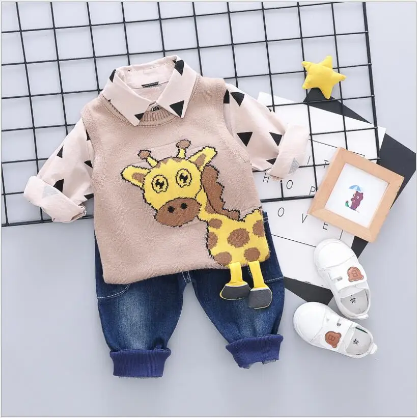 Весна-осень дети мультфильм животных свитер c жирафом; футболка и джинсы; костюм из трех предметов - Цвет: Коричневый