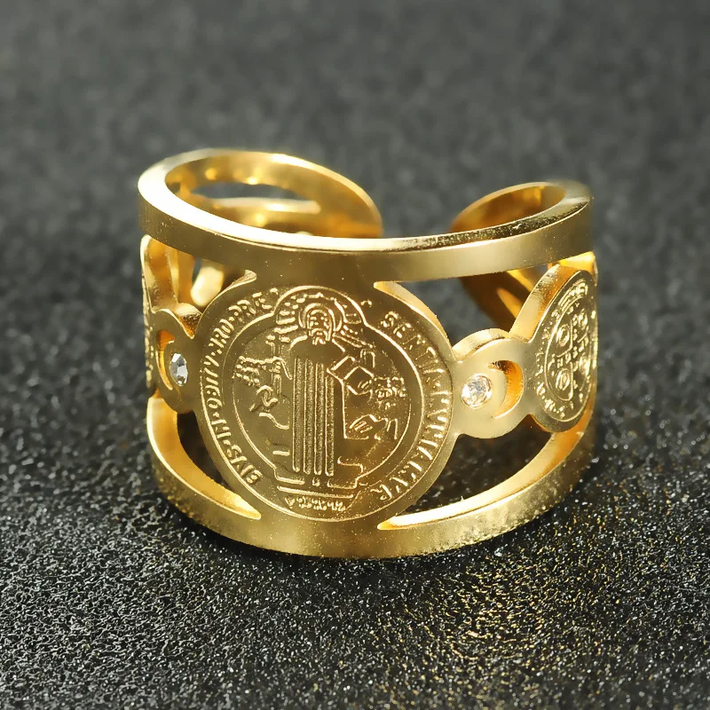Stainless Steel Saint Benedict Ring for Men Women Gold Silver Color Adjustable Amulet Birthday Gift |