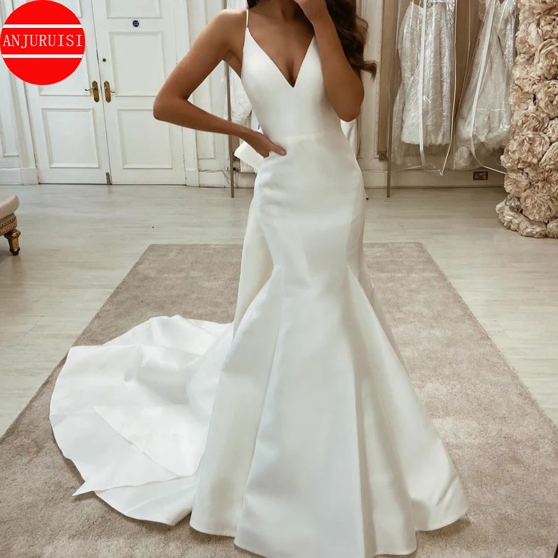 Spaghetti Straps Wedding Dress Mermaid Satin Sexy V Neck Bow Back Vestido De Novia 2022 Bride Gown Robe Mariage Boda Trouwjurk