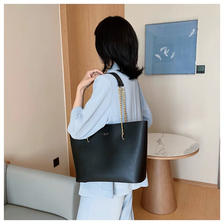 Black Pu Leather Shoulder Bags for Women Handbag Chain Design Large Capacity Tote Bag Luxury Shopper Hand Bag Female Totes New