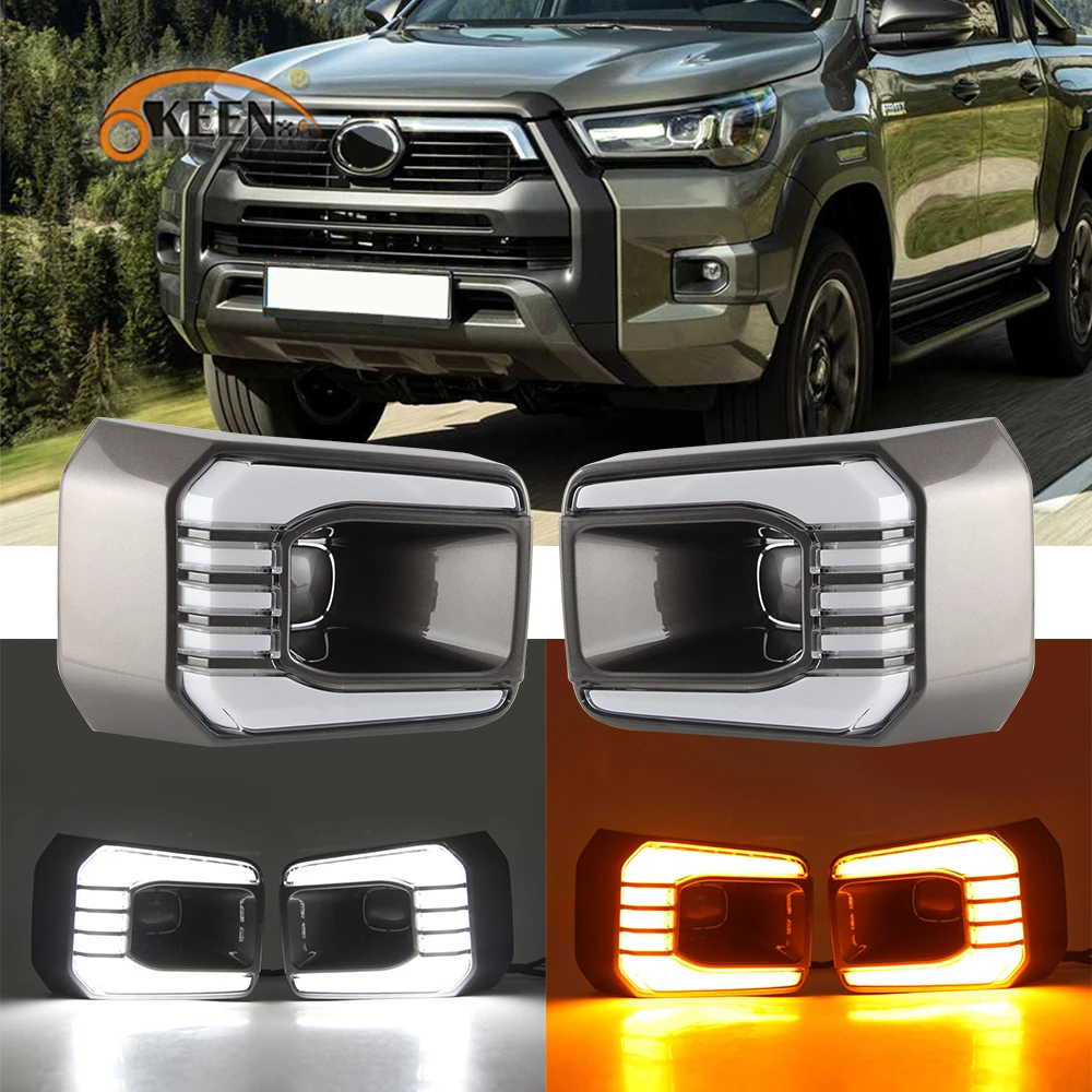 

OKEEN 2pcs Car LED Daytime Running Light For Toyota Hilux Revo Rocco 2020 2021 LED DRL White Day Light Yellow Turn Signal Lamp
