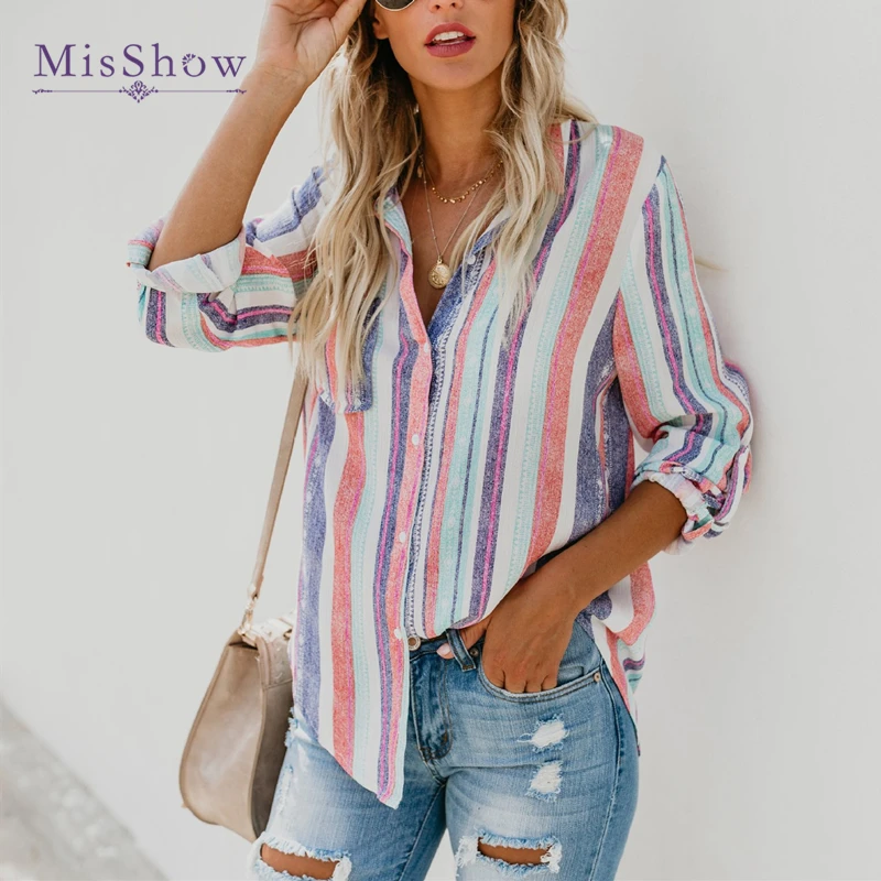 

2019 Hot Casual Spring Striped Print Blouses Vintage Turn Down Collar Women Boho Elegant Tops and Blouses with Buttom